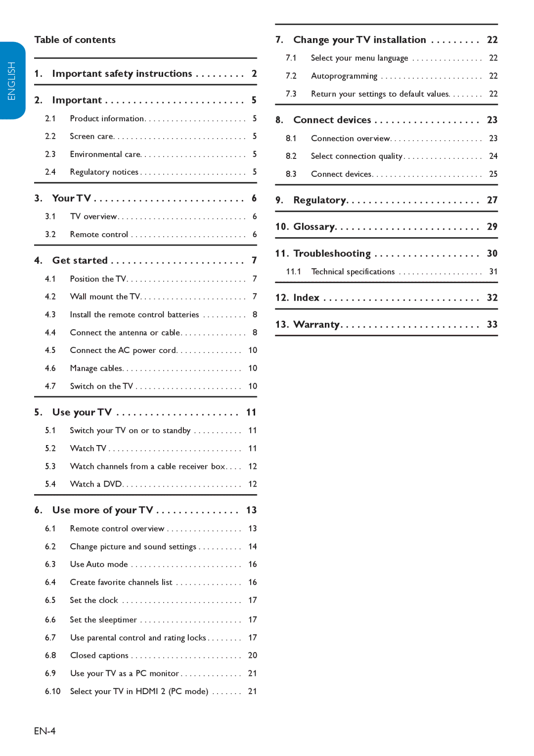 Philips 32HFL3330D Table of contents Important safety instructions, Your TV, Get started, Use your TV, Use more of your TV 